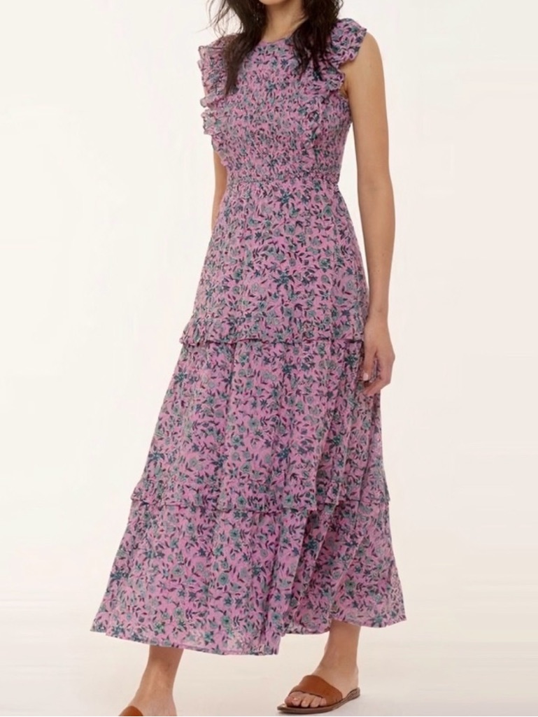 Banjanan Maxi Floral Smocked Iris Dress Ruffle Tiered Small